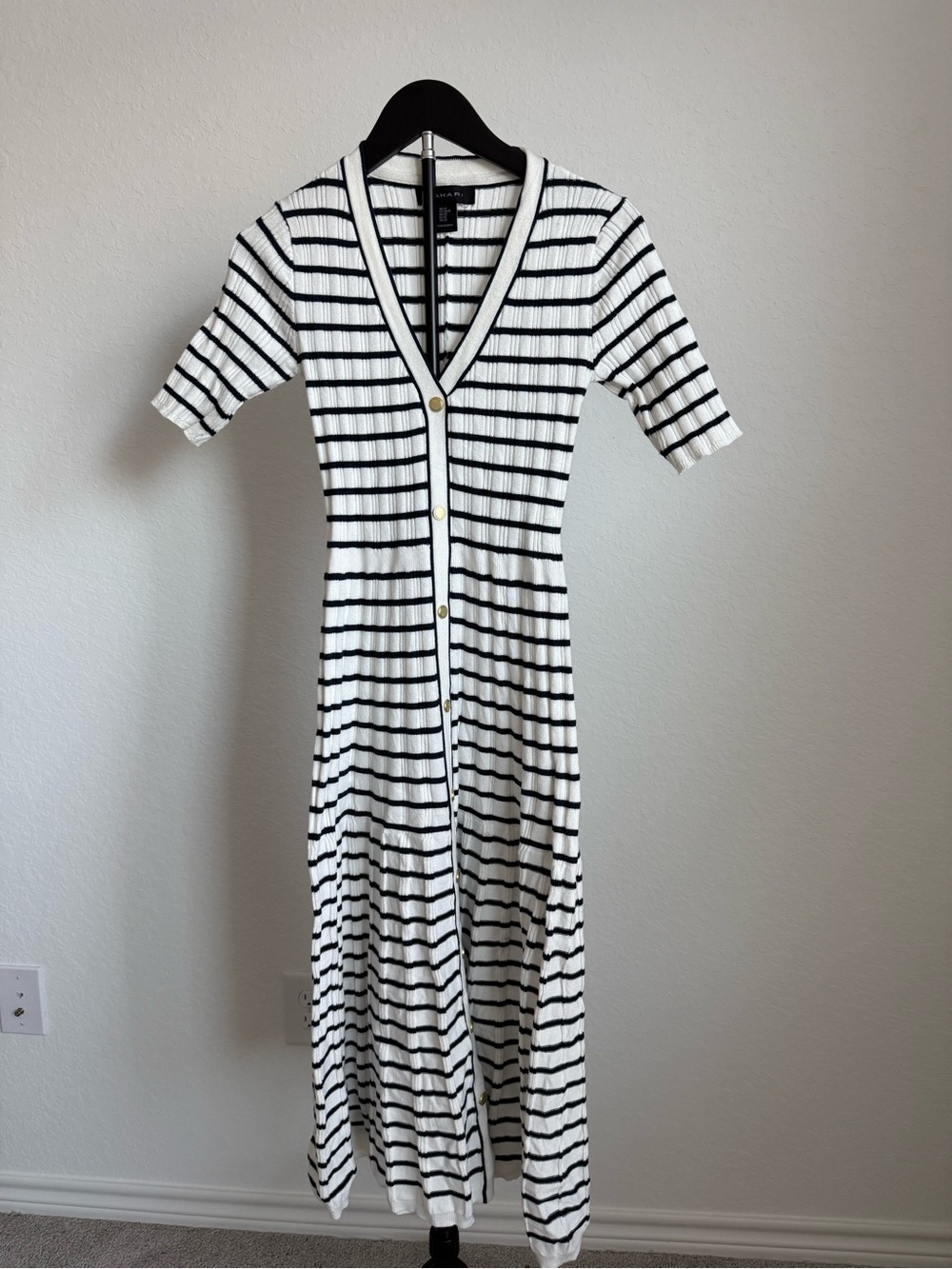 Tahari Black and White Striped Maxi Cardigan Dress